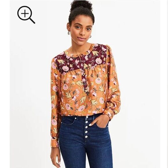LOFT Blouse | Mixed Print Henley Blouse | Small S | Office Casual | Amber - Picture 4 of 12